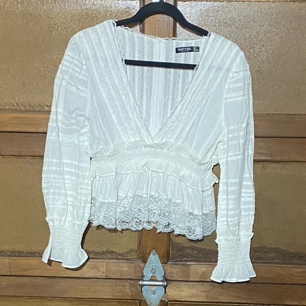 Nasty Gal Cream Lace Trim Blouse